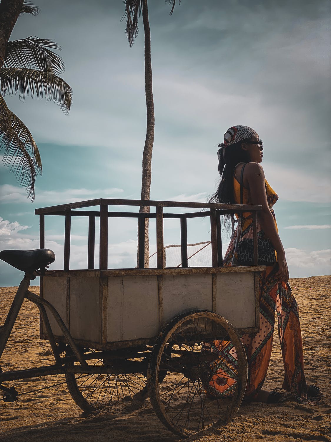 woman leaning on a cart on the beach