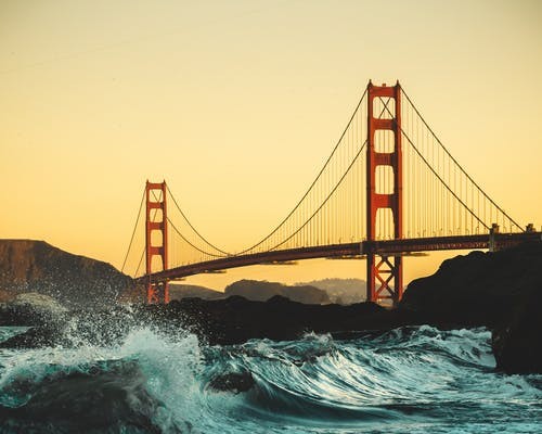 strong waves crashing under golden gate bridge